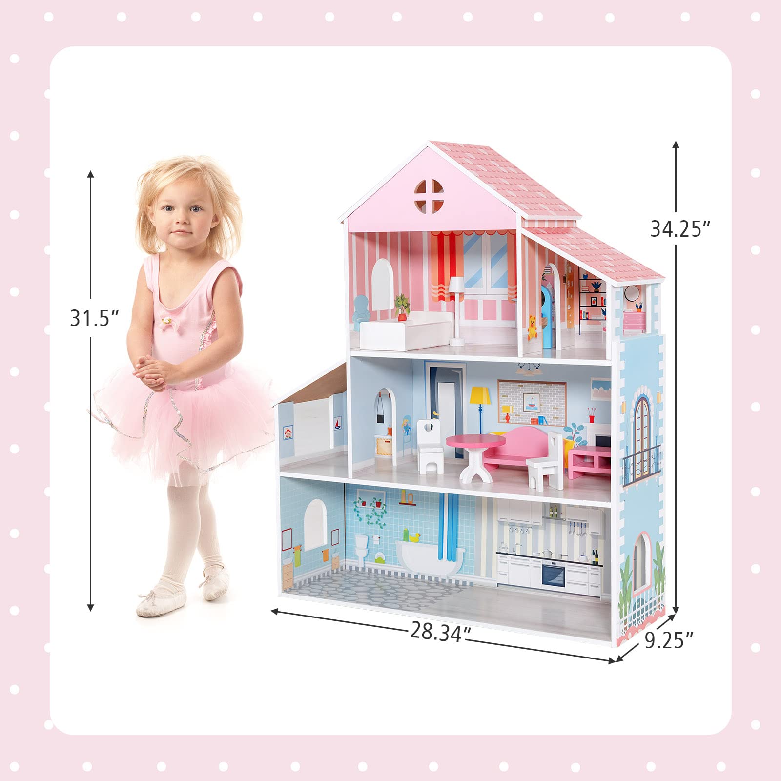 Costzon Wooden Dollhouse, 3-Story Pretend Play Doll House with