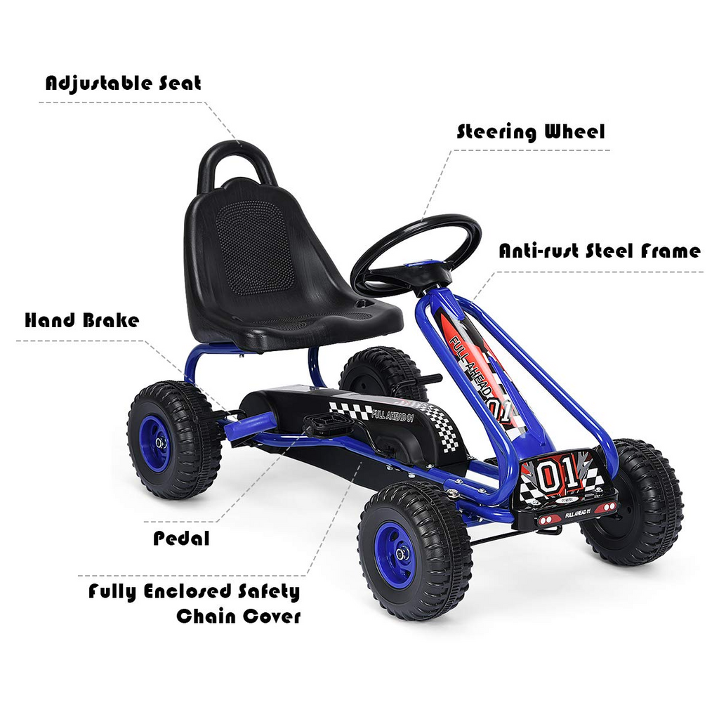 4 Wheel Pedal Powered Ride On Toys, Outdoor Racer Pedal Car with Adjustable Seat - Costzon