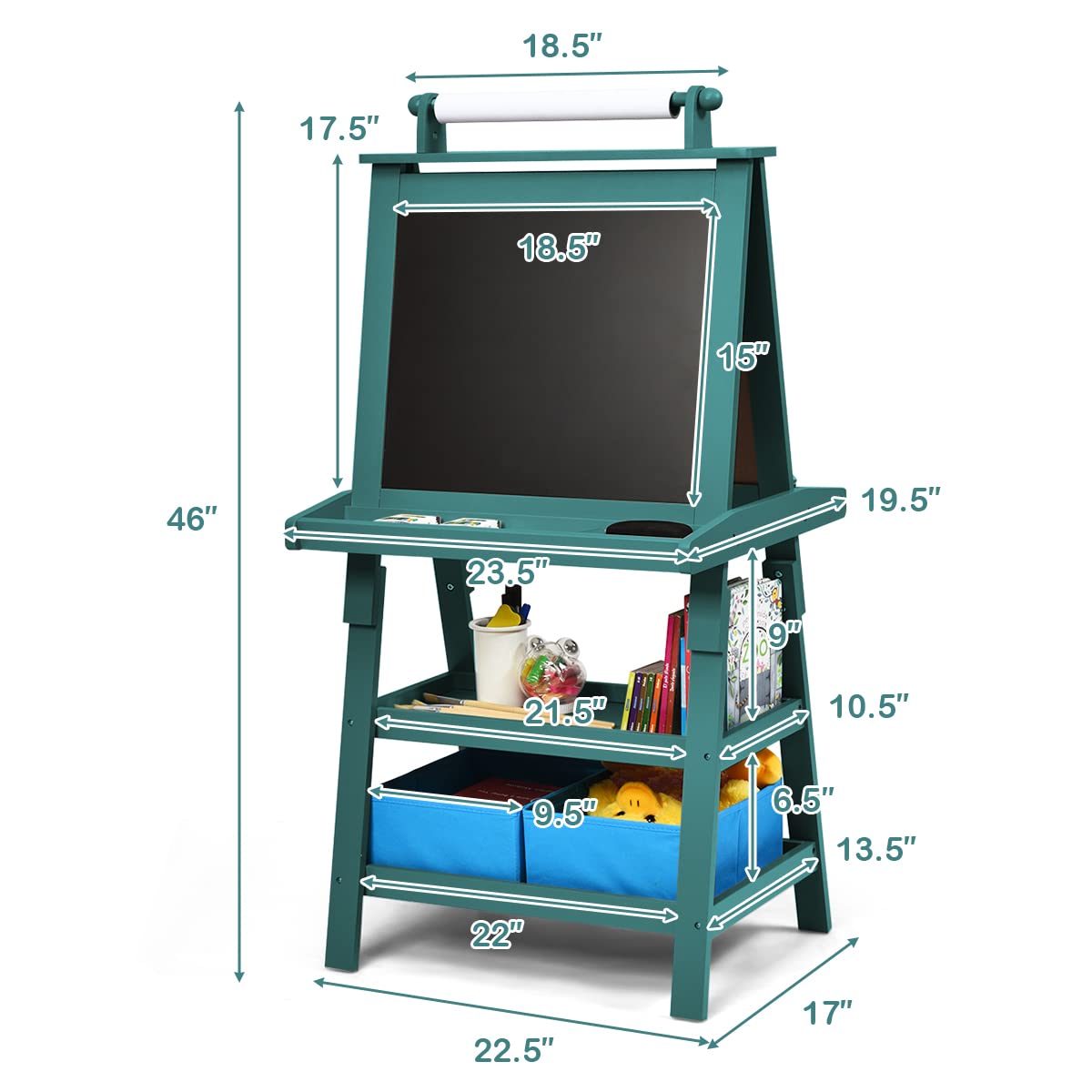 Costzon Kids Art Easel, 3 in 1 Double-Sided Storage Easel, Blue