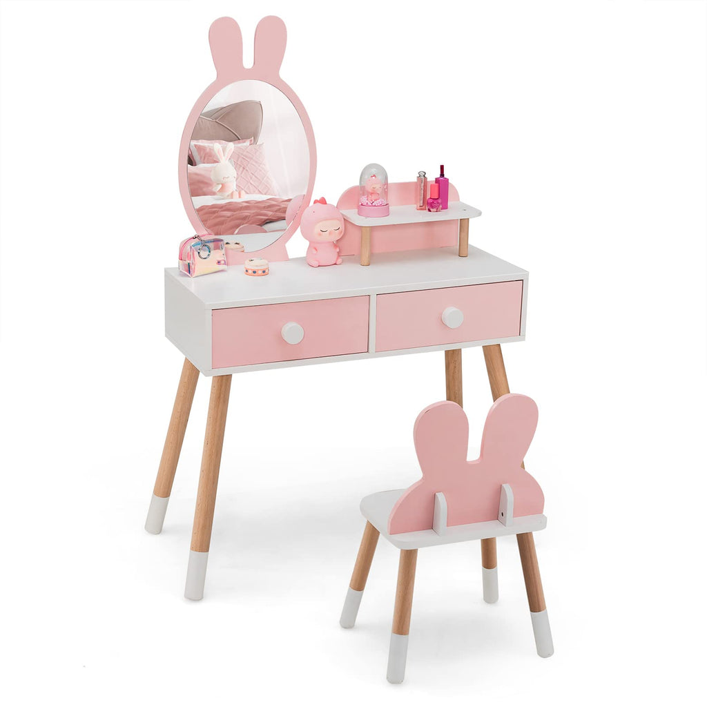 Kids Vanity Set, Girls Vanity Set with Mirror and Stool - Costzon