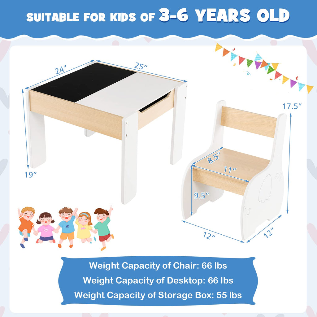  Kids Table and Chair Set, 4 in 1 Wooden Activity Table & 2 Chairs - Costzon