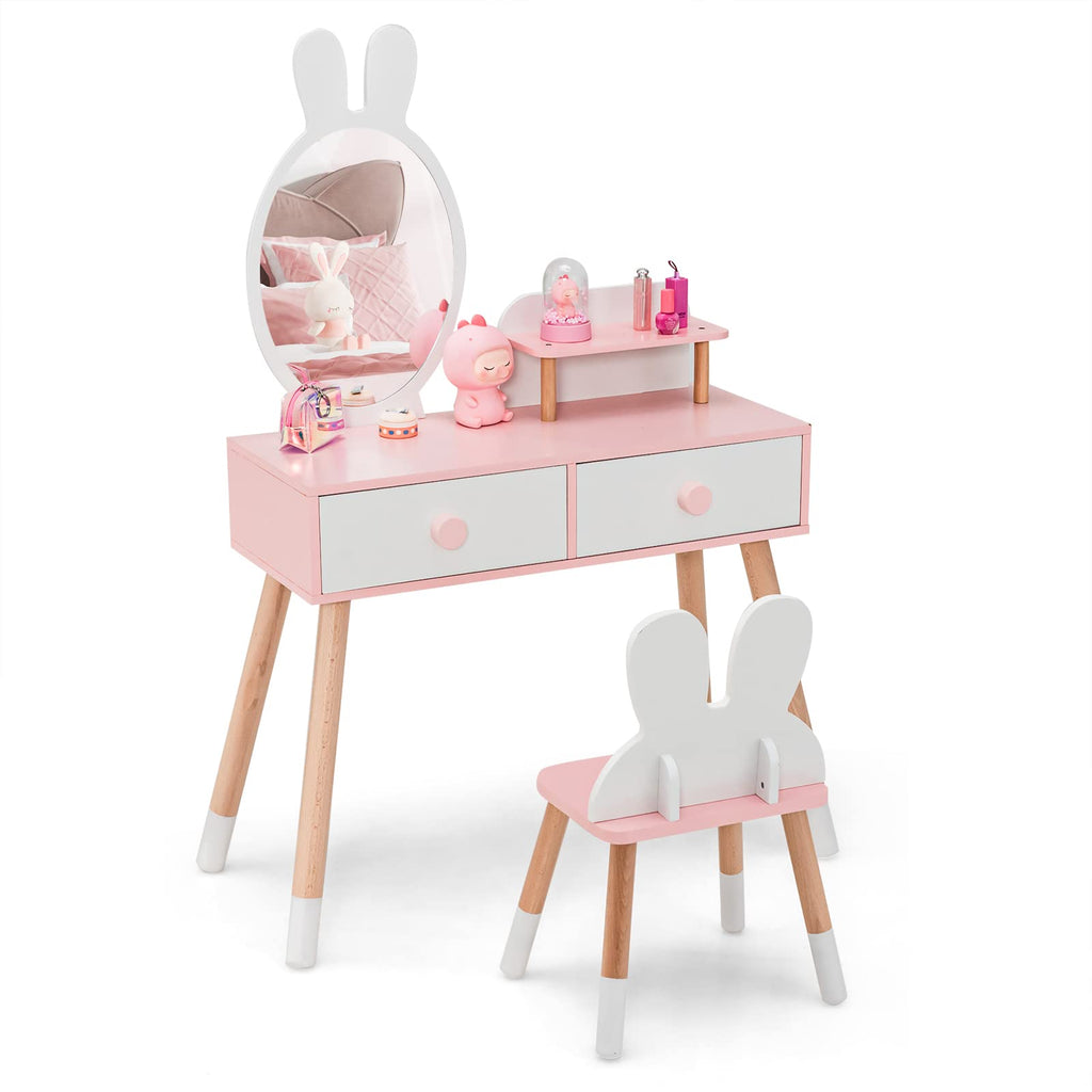 Kids Vanity Set, Girls Vanity Set with Mirror and Stool - Costzon