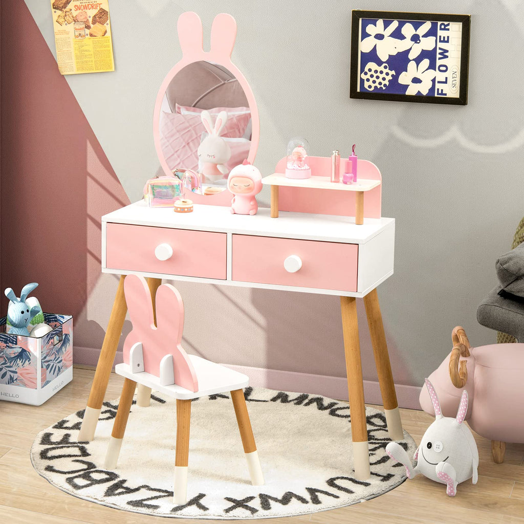 Kids Vanity Set, Girls Vanity Set with Mirror and Stool - Costzon