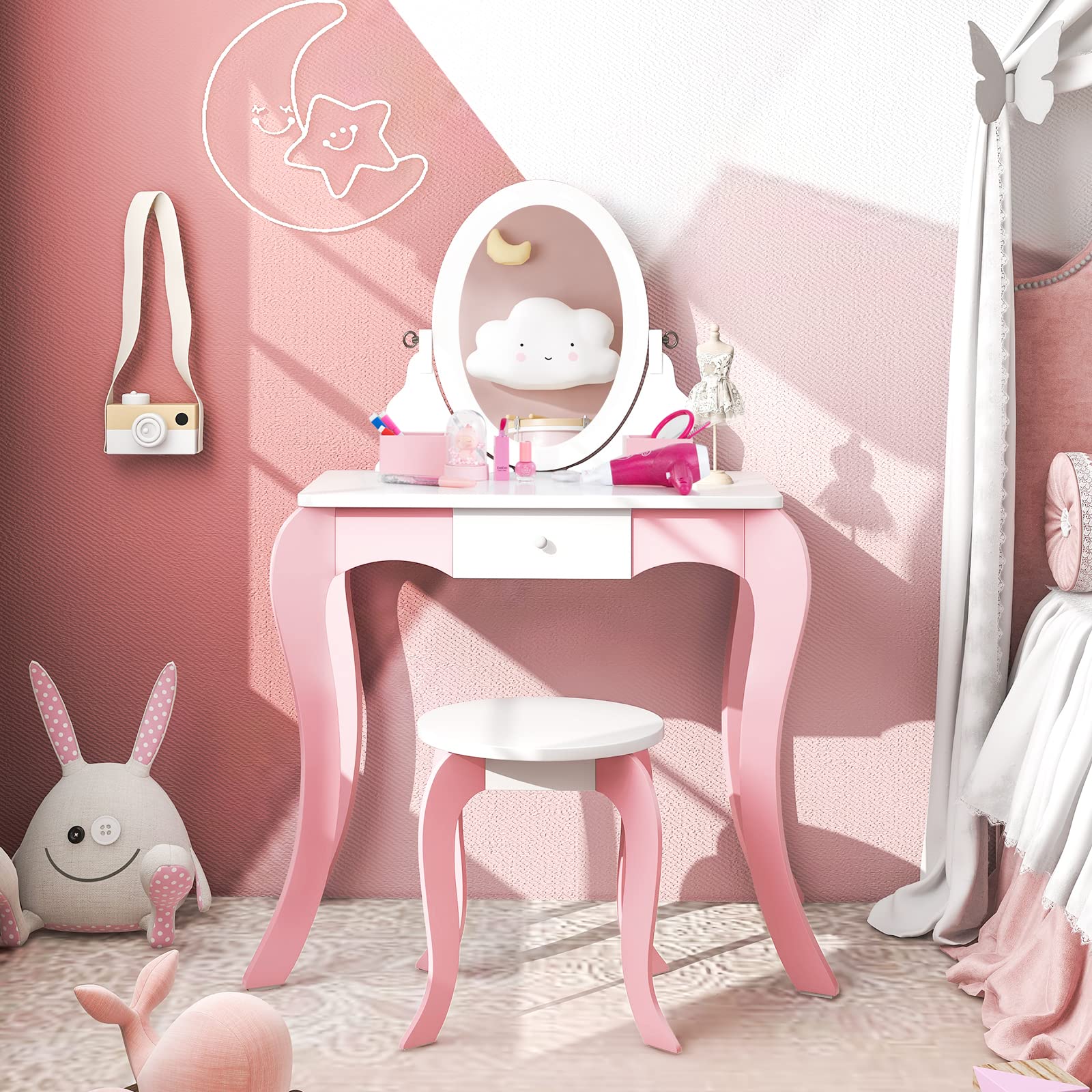 INFANS Kids Vanity with 360° Rotating Mirror and Drawing Board, 2 in 1 Princess Makeup Dressing Table and Stool with Accessories