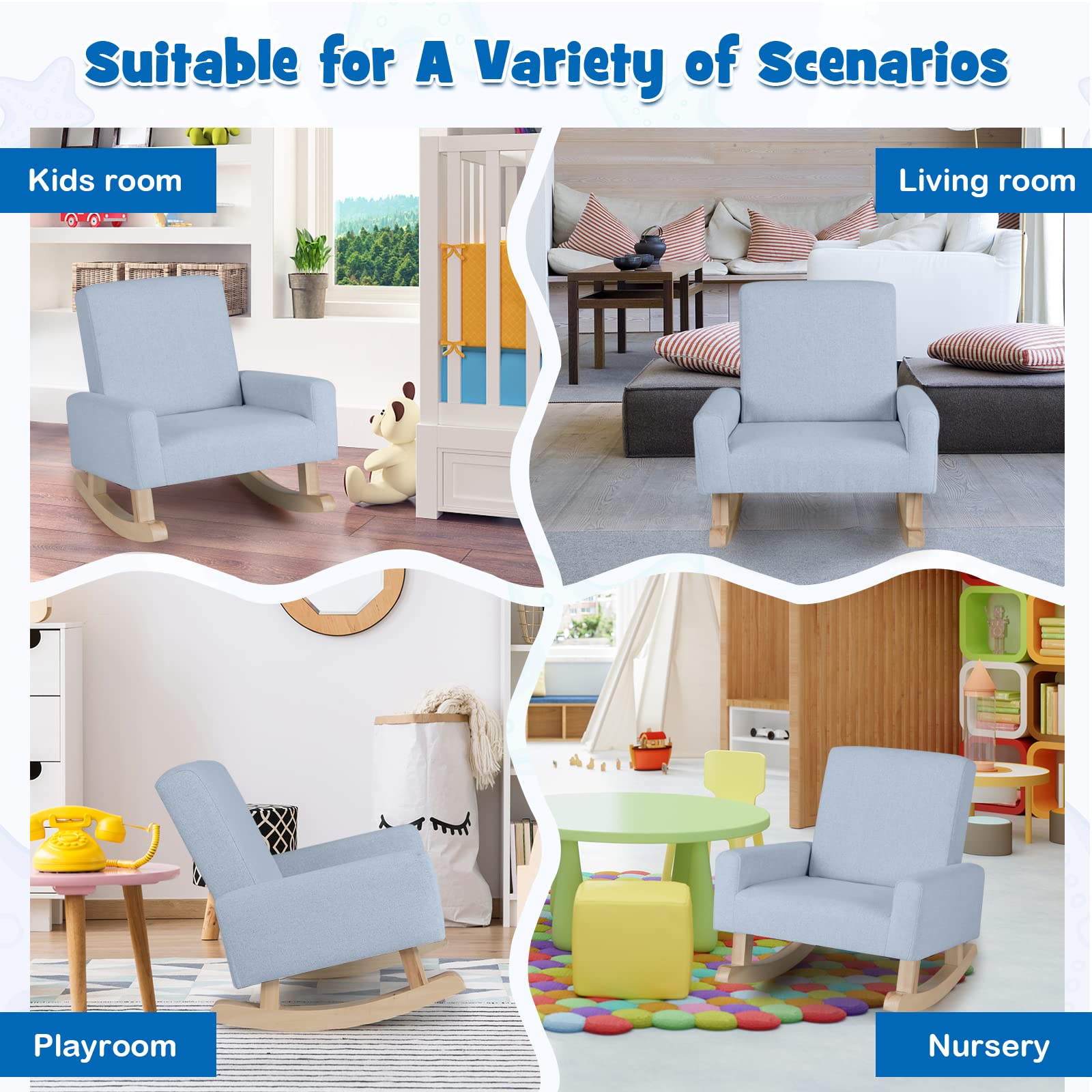 Children Light Blue Rocking Chair Costzon Kids Sofa, Rocking Chair with Solid Wood Frame, Linen Fabric ...