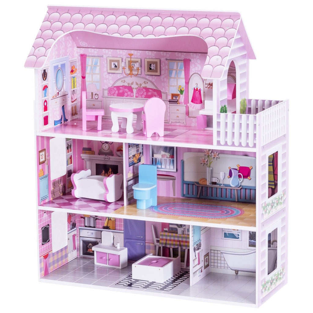 Dollhouse, Toy Family House with 13 pcs Furniture - costzon