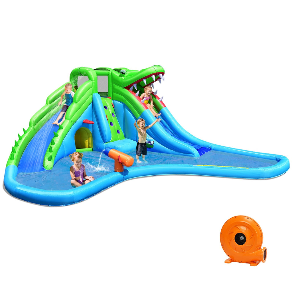 Costzon Inflatable Water Slide, Giant 7 in 1 Crocodile Water Park w/Double Slides (with 780W Air Blower) - costzon
