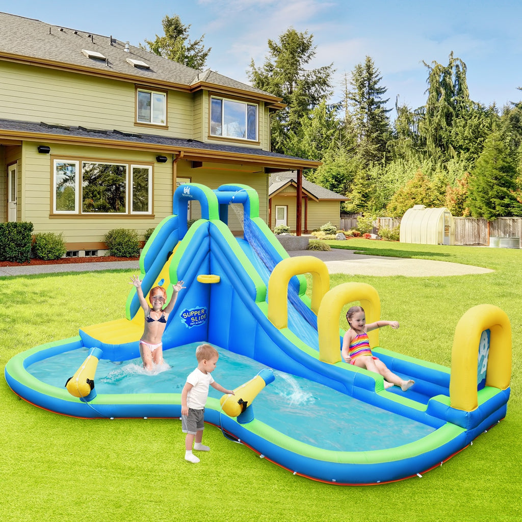 BOUNTECH Inflatable Water Slide, Long Slide Bouncer Park w/Climbing Wall, Splashing Pool - costzon