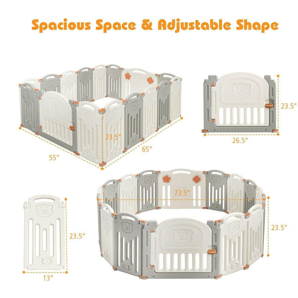 Costzon Baby Playpen, 16-Panel Foldable Baby Fence w/Locking Gate (Beige + Gray, 16-Panel) - costzon