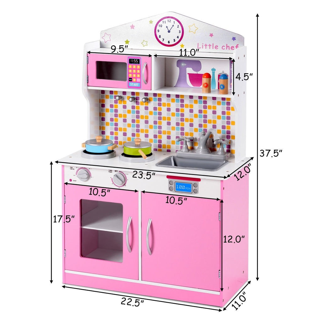 Kids Kitchen Playset, Wooden Cookware Pretend Cooking Food Set with Removable Sink - costzon