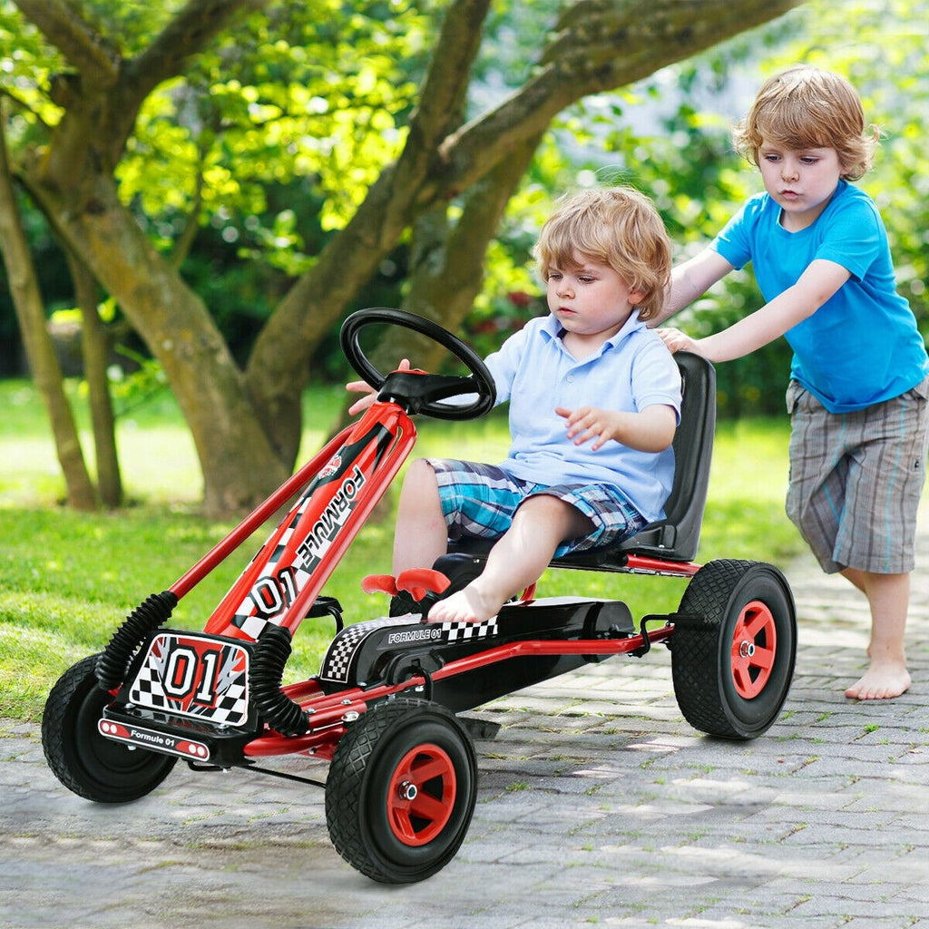 Costzon Go Kart, 4 Wheel Pedal Powered Ride On, Outdoor Racer with Adjustable Seat (Red) - costzon