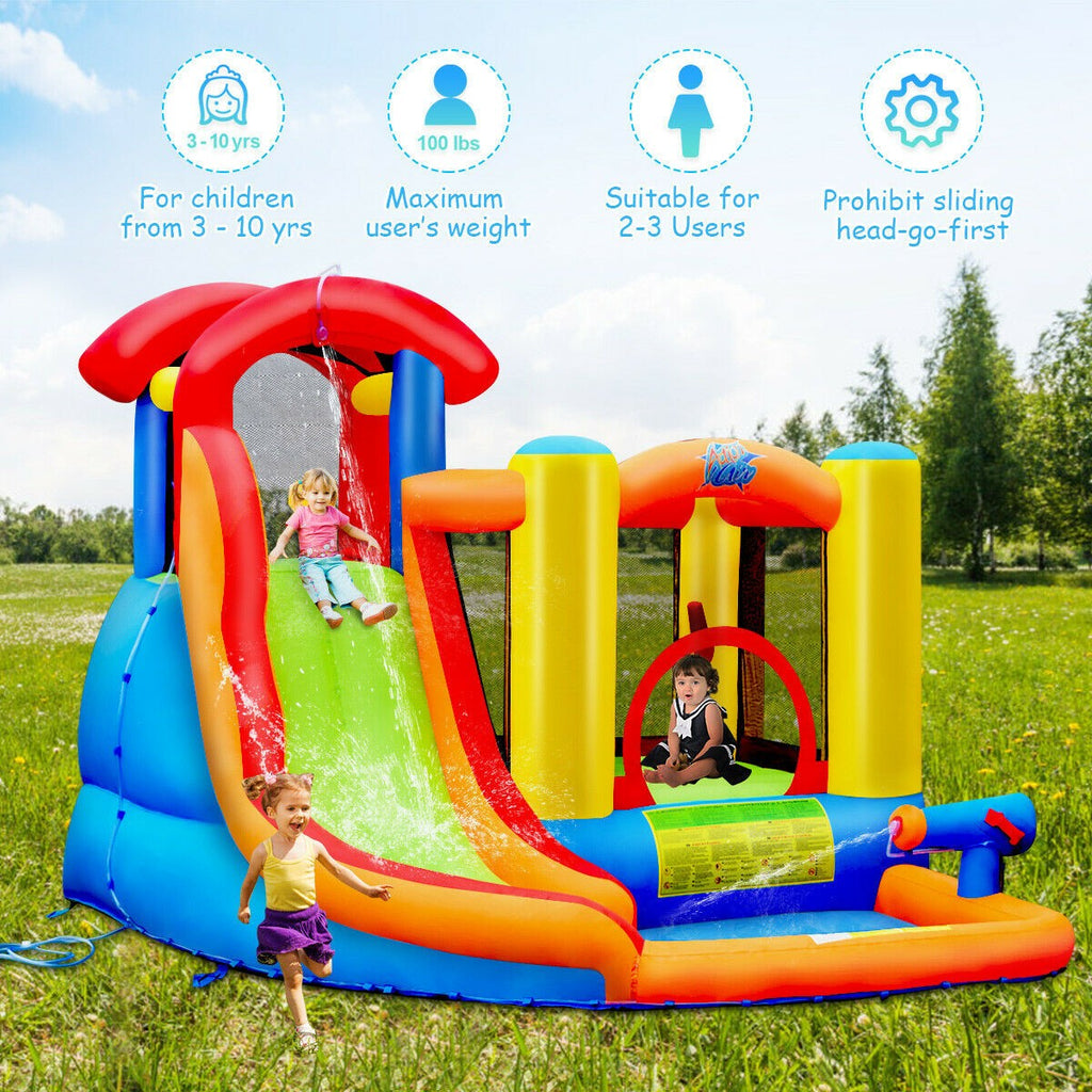 BOUNTECH Inflatable Bounce House, 6 in 1 Water Slide Jumping Park w/Splashing Pool (Without Blower) - costzon