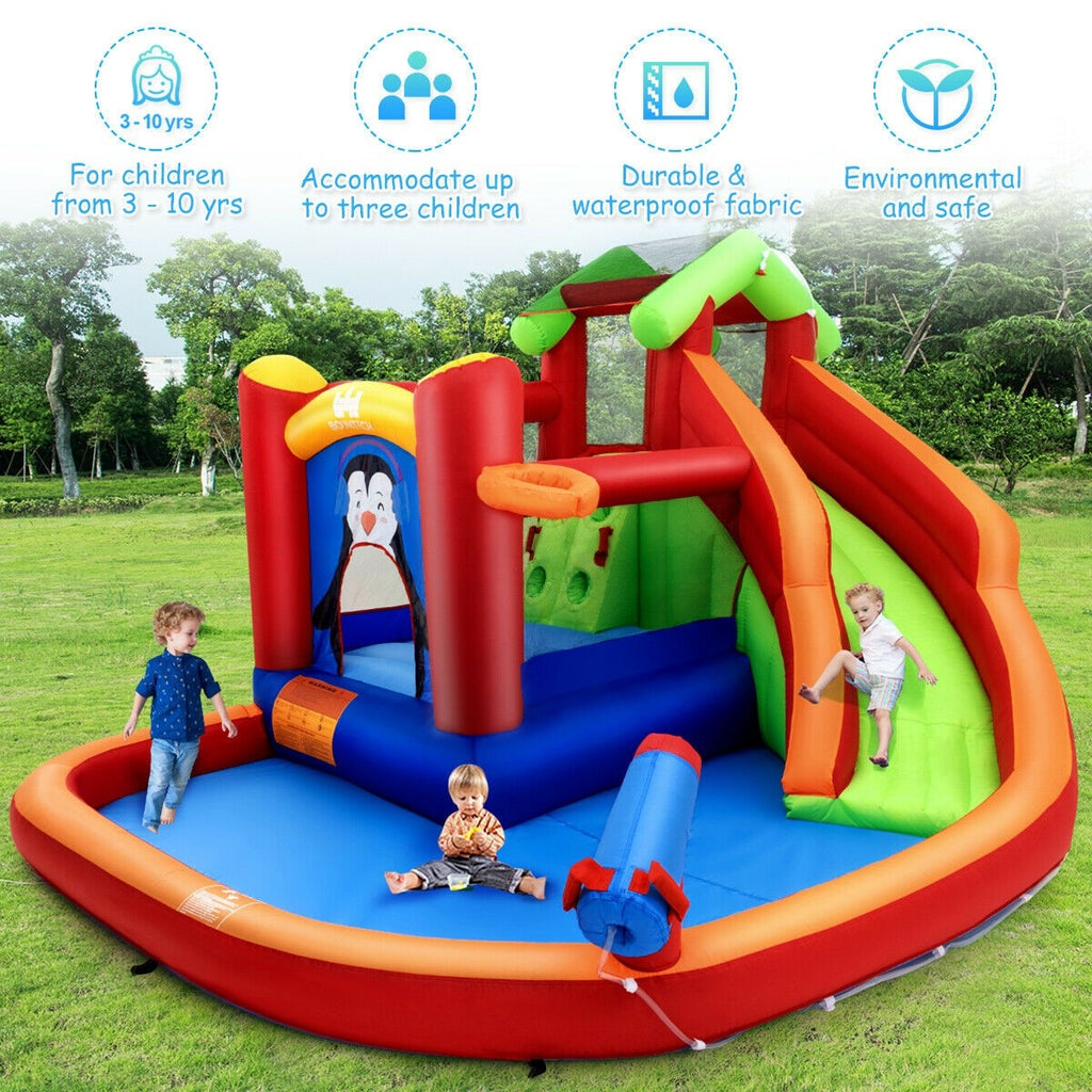 BOUNTECH Inflatable Water Slide, 6 in 1 Jumping Bounce House w/ Climbing Wall (Without Blower) - costzon