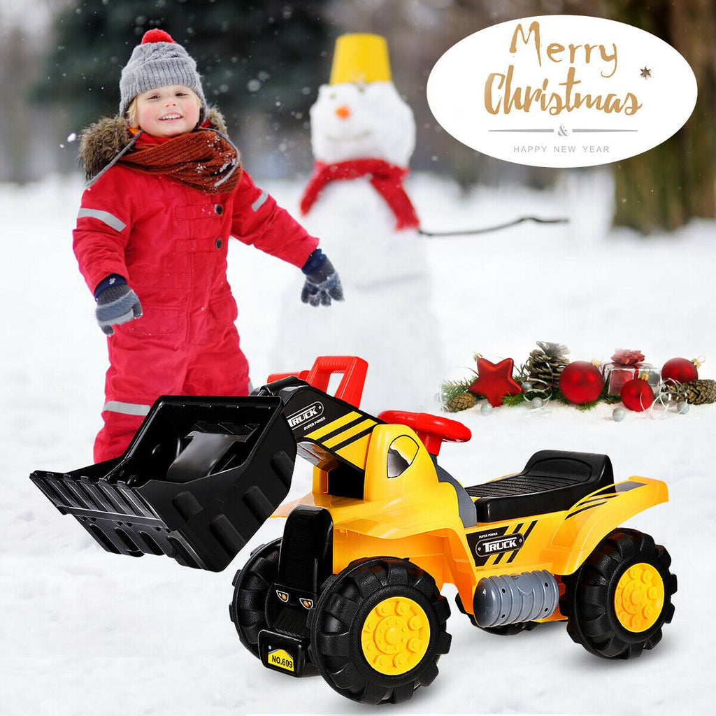 Kids Ride On Construction Bulldozer, Outdoor Digger Scooper Pulling Cart - costzon