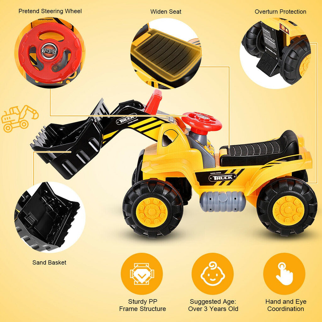 Kids Ride On Construction Bulldozer, Outdoor Digger Scooper Pulling Cart - costzon